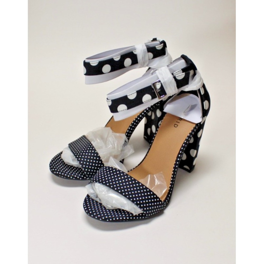 Torrid Black Mix Polka Dots Tapered Heels Women Size 10 Ankle Strap Modern Open